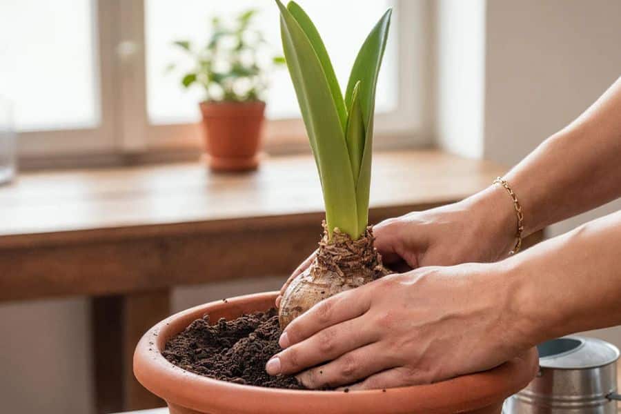Hands place an Amaryllis bulb into a terracotta pot near a bright window, with the bulb sitting partly above the soil line. This scene clearly shows how Amaryllis is planted indoors for forcing blooms.