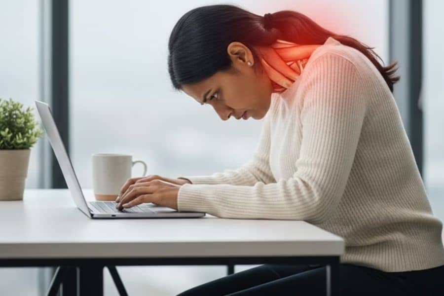 Woman bends her neck forward toward a laptop at a desk while her upper back glows red to indicate strain. The photo illustrates neck pain caused by sitting position and slouching.