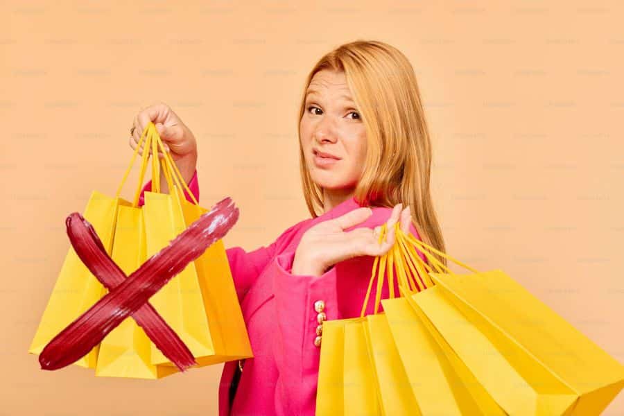 Woman in a bright pink blazer holds several yellow shopping bags while a large red X is painted over part of the photo. The visual suggests cutting back on shopping to avoid living paycheck to paycheck.