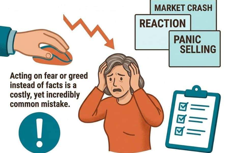 Illustrated graphic of a distressed person holding their head beneath a downward arrow with boxes labeled "MARKET CRASH" "REACTION" and "PANIC SELLING." Text on the left reads "Acting on fear or greed instead of facts is a costly, yet incredibly common mistake."
