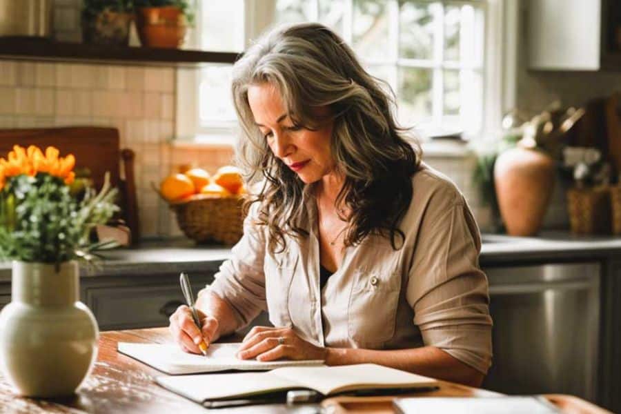 Middle aged woman sits at a kitchen table writing in a notebook with sunlight coming through the window behind her. The quiet home setting supports topics like budgeting, planning, or adjusting household spending during inflation.