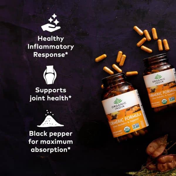 Two bottles of turmeric supplements with scattered capsules on a dark background beside text that reads "Healthy Inflammatory Response." "Supports joint health." "Black pepper for maximum absorption." This promotional graphic may relate to sciatica by emphasizing inflammation and joint support, but the image mainly highlights supplement claims and product packaging.