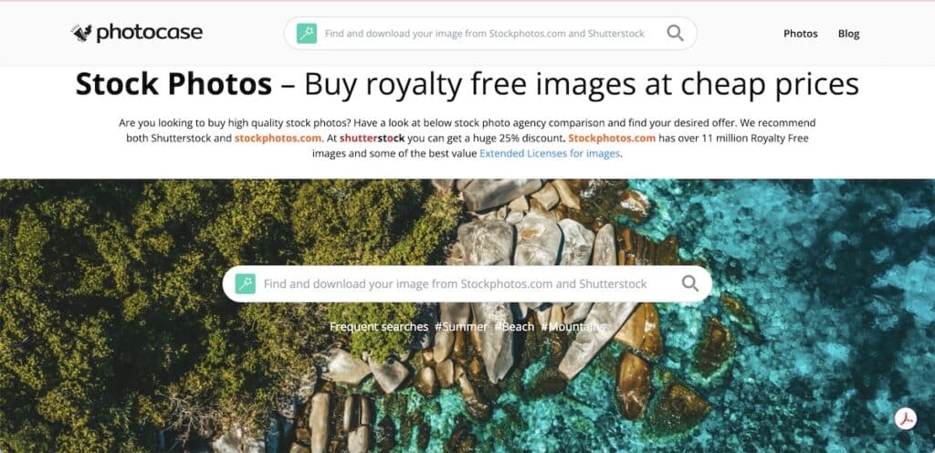 Screenshot of the Photocase page with a large heading above an aerial photo of rocky shoreline and bright blue water. Visible text includes "photocase" "Photos" "Blog" "Find and download your image from Stockphotos.com and Shutterstock" "Stock Photos. Buy royalty free images at cheap prices" "Are you looking to buy high quality stock photos? Have a look at below stock photo agency comparison and find your desired offer. We recommend both Shutterstock and stockphotos.com. At shutterstock you can get a huge 25% discount. Stockphotos.com has over 11 million Royalty Free images and some of the best value Extended Licenses for images." "Find and download your image from Stockphotos.com and Shutterstock" and "Frequent searches #Summer #Beach #Mountains."