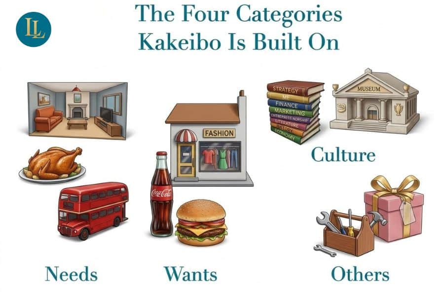 Infographic about kakeibo spending categories with the heading "The Four Categories Kakeibo Is Built On" and labels "Needs" "Wants" "Culture" and "Others." The images show a living room roasted chicken and red bus for needs. A fashion shop soda bottle and burger for wants. A stack of books labeled "STRATEGY" "ME" "FINANCE" "MARKETING" "ENTREPRENEURSHIP" "LITERATURE" "ECONOMY" and a museum for culture. A toolbox and wrapped gift for others.