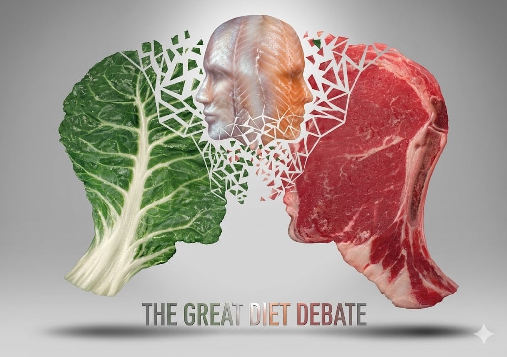 Concept graphic titled "THE GREAT DIET DEBATE" showing a green leafy vegetable profile on the left and a raw steak profile on the right, with a human face in the center breaking apart into white geometric fragments. The design suggests an argument between plant based eating and diets that eat meat.