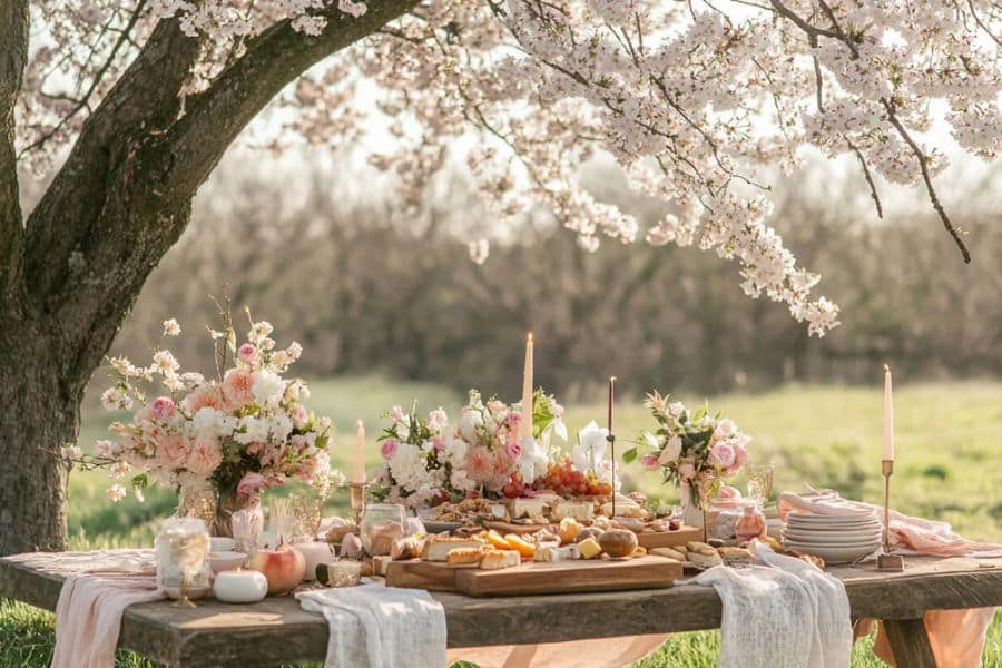 A long wooden picnic table is set beneath a blooming cherry tree with pale pink flowers overhead. Soft pastel floral arrangements candles fruit and shared dishes create a romantic outdoor scene that suits a spring equinox gathering.
