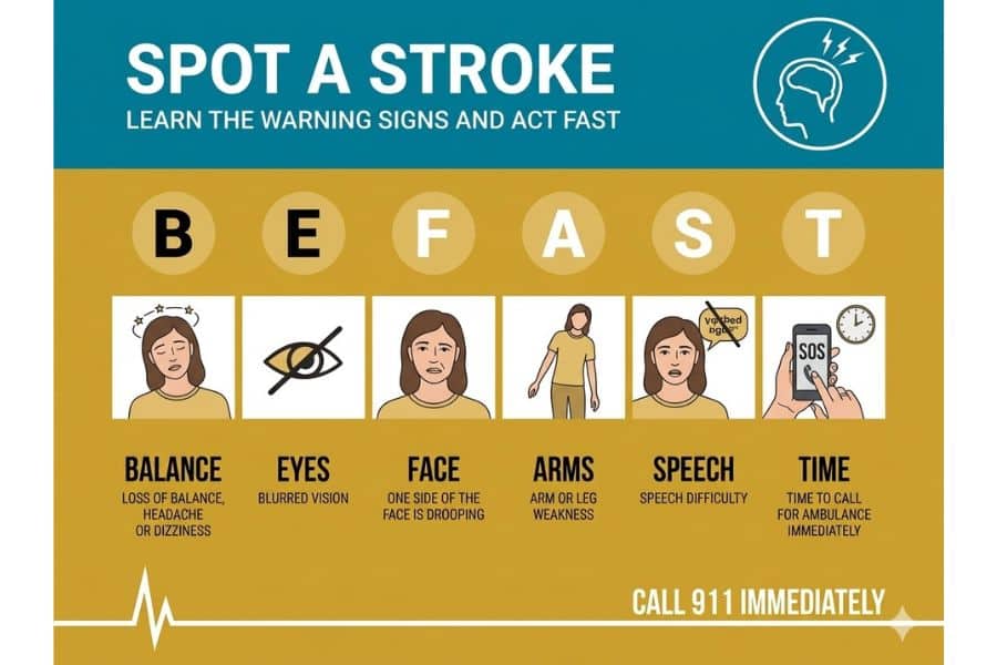 Stroke awareness infographic with the heading "SPOT A STROKE" and "LEARN THE WARNING SIGNS AND ACT FAST." It shows "B E F A S T" with the labels "BALANCE LOSS OF BALANCE HEADACHE OR DIZZINESS" "EYES BLURRED VISION" "FACE ONE SIDE OF THE FACE IS DROOPING" "ARMS ARM OR LEG WEAKNESS" "SPEECH SPEECH DIFFICULTY" "TIME TIME TO CALL FOR AMBULANCE IMMEDIATELY" and "CALL 911 IMMEDIATELY."