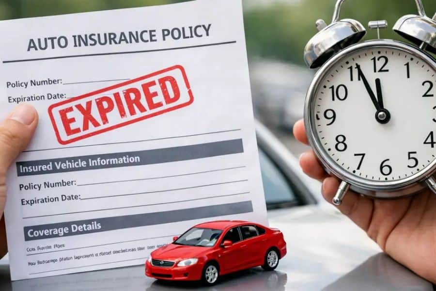 "Expiration Date" and sections titled "Insured Vehicle Information" "Coverage Details" and "Loss Notice Page" while a large red stamp reads "EXPIRED." In the other hand is an alarm clock and a small red car appears at the bottom showing urgency around renewing coverage on time.