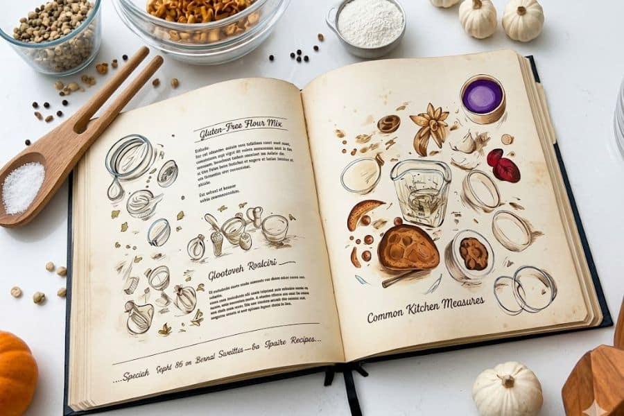 An open illustrated cookbook rests on a table surrounded by bowls of ingredients garlic spoons and scattered grains. This fits a using AI to make money theme by suggesting recipe ebooks food content creation or printable kitchen guides for sale online.