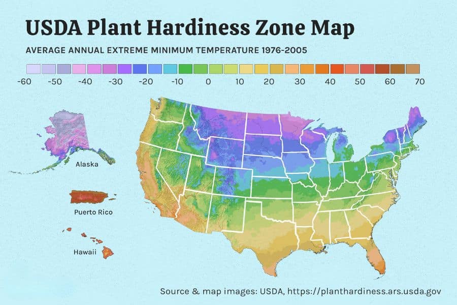 USDA Plant Hardiness Zone Map with the subtitle "AVERAGE ANNUAL EXTREME MINIMUM TEMPERATURE 1976-2005" and a color scale labeled "-60 -50 -40 -30 -20 -10 0 10 20 30 40 50 60 70." The map shows the United States with Alaska, Puerto Rico, and Hawaii, and the footer reads "Source & map images: USDA, https://planthardiness.ars.usda.gov
" to help choose shrubs to plant in March by climate zone.