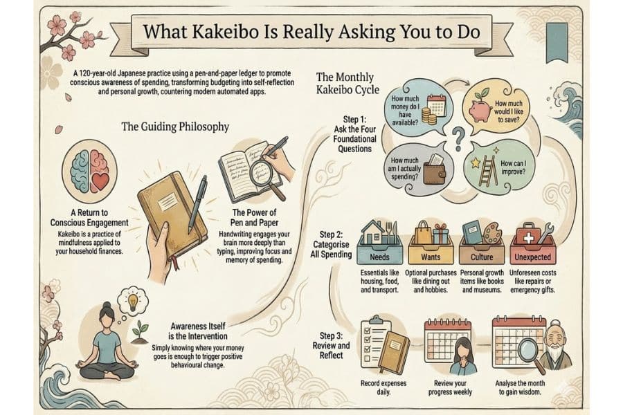 Infographic titled "What Kakeibo Is Really Asking You to Do" explaining the Japanese pen and paper budgeting method as a reflective money practice.