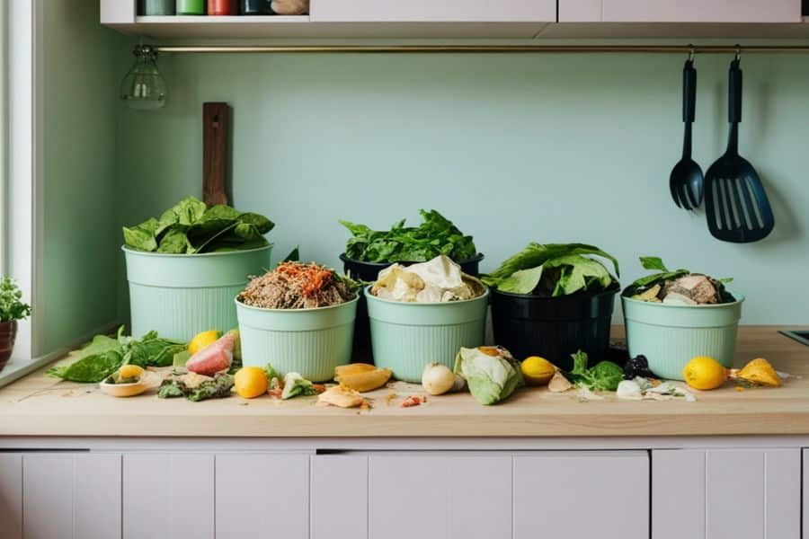 Several countertop bins filled with leafy greens, vegetable scraps, and food waste are lined up across a kitchen counter. This guide to composting shows an indoor setup for sorting and storing kitchen scraps before taking them to an outdoor bin or collection service.