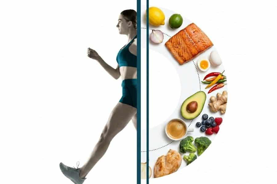 Woman in teal workout clothes walks beside a large plate graphic filled with salmon, avocado, eggs, broccoli, berries, chili peppers, ginger, and other whole foods. The split composition connects exercise with healthy eating.