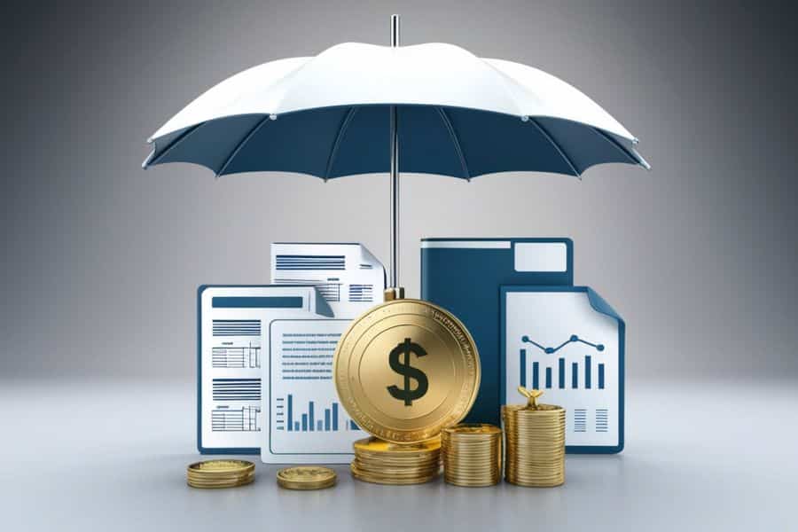 White umbrella covering stacked gold coins, a dollar coin, and financial documents with charts on a gray background. The concept art represents protection and long term financial planning for a retirement fund.
