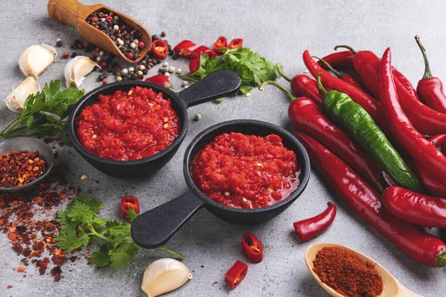 Two black bowls of chunky red chili sauce sit on a gray surface surrounded by whole red and green chili peppers, garlic cloves, herbs, peppercorns, and dried chili flakes. The bright ingredients emphasize heat and bold flavor.