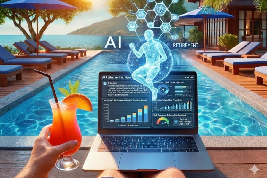 Person relaxing poolside with a tropical drink while using a laptop displaying an AI dashboard labeled "AI Retirement Advisor" with charts titled "Projected Retirement Wealth Accumulation" and "Risk Tolerance Balanced (Adjustable)". A holographic human figure and the words "AI" and "RETIREMENT" appear above the screen, illustrating how people use AI to plan your retirement in a more flexible lifestyle setting.