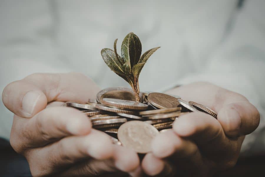 Two hands hold a pile of coins with a small green sprout growing from the center. The image represents steady long term growth and beginner investing goals often associated with index funds.