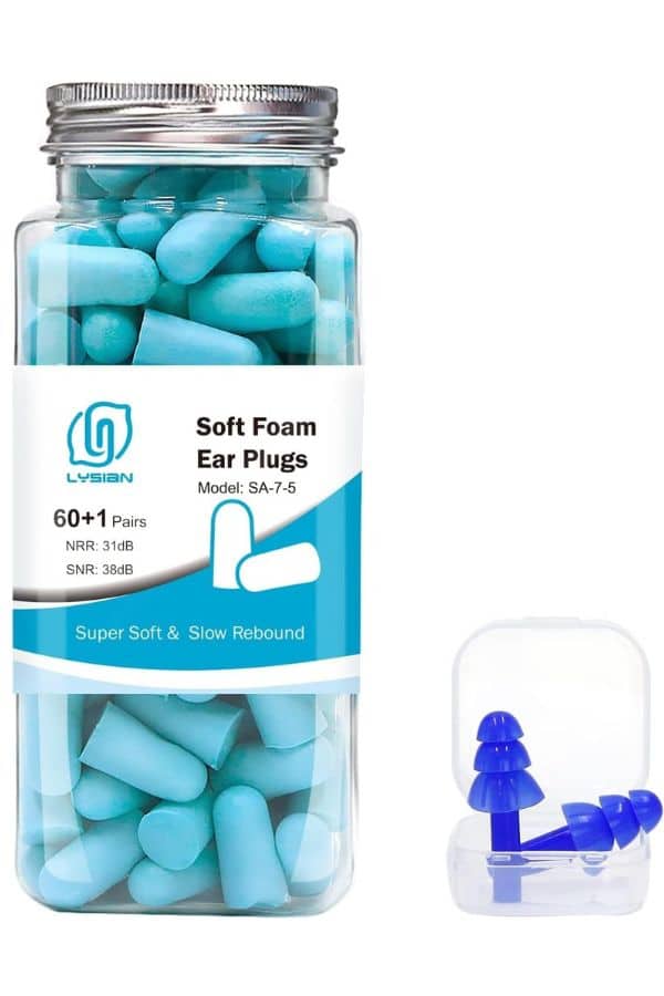 Product photo of blue ear plugs in a clear jar beside a small plastic case with reusable plugs. The label reads "Soft Foam Ear Plugs" "Model. SA-7-5" "60+1 Pairs" "NRR. 31dB" "SNR. 38dB" and "Super Soft and Slow Rebound."