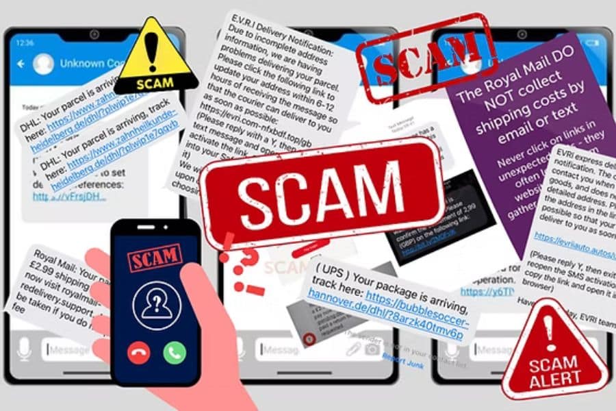 Collage of fake delivery texts phone alerts and warning signs with large red stamps reading "SCAM" and "SCAM ALERT". The graphic highlights common money scams sent by text email and phone.