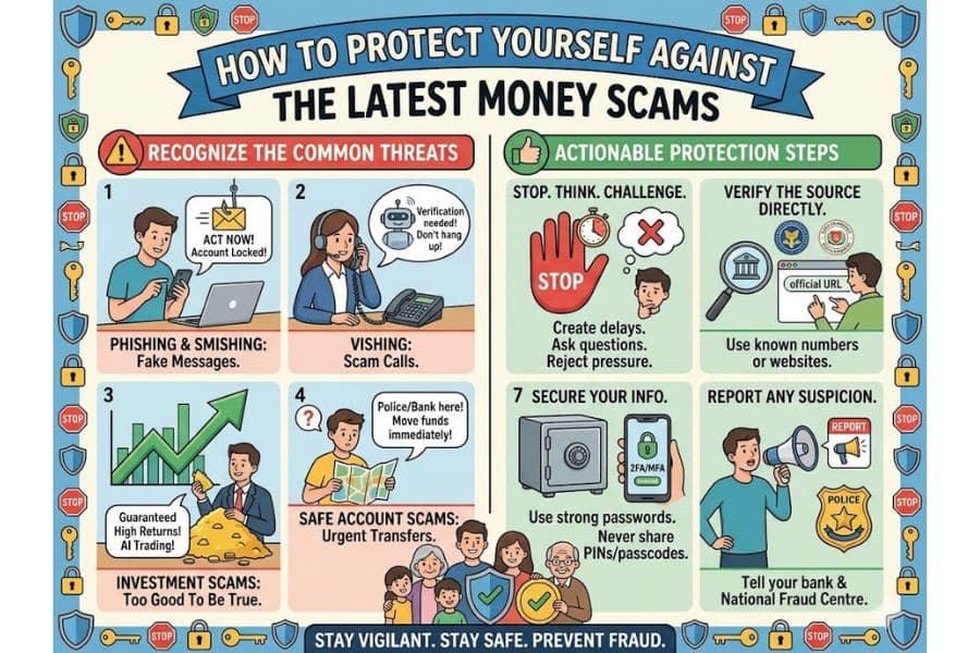 How to protect yourself against the latest money scams". It lists threats and steps including "Recognize the common threats" "Phishing and smishing" "Vishing" "Investment scams" "Safe account scams" "Actionable protection steps" "Stop. Think. Challenge." "Verify the source directly." "Secure your info." "Report any suspicion." and "Stay vigilant. Stay safe. Prevent fraud.