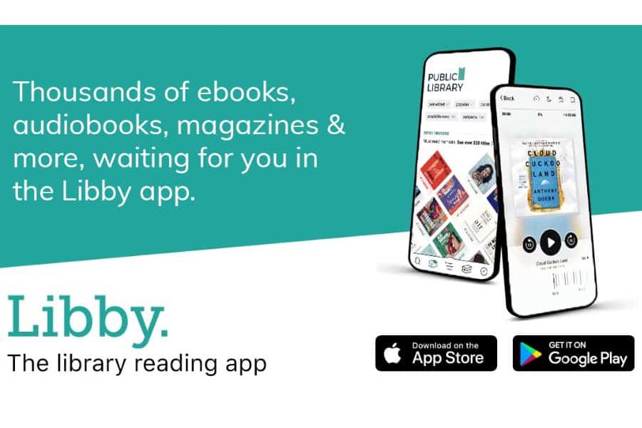 Libby app advertisement with the text "Thousands of ebooks, audiobooks, magazines and more, waiting for you in the Libby app." Below it reads "Libby. The library reading app" with App Store and Google Play download badges, highlighting a library based way to borrow books for free.