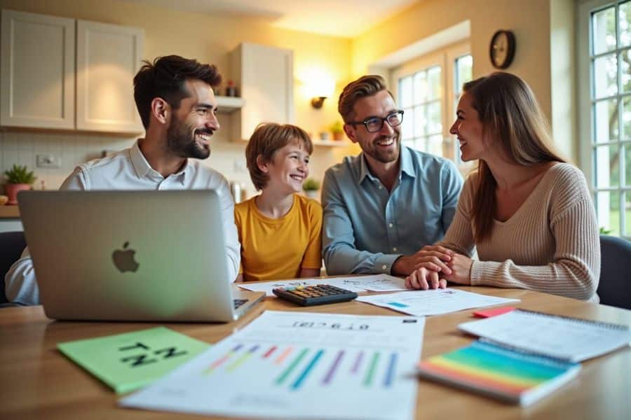 Family sitting at a table with a laptop and documents smiling while discussing finances which reflects planning strategies for paying less tax. Papers with charts and a calculator suggest collaborative budgeting decisions.