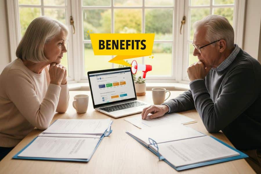 An older couple sits at a table by a bright window reviewing paperwork and a laptop together, with a yellow banner above them that reads "BENEFITS" and a small megaphone icon beside it. This supports Medicare benefits content by showing seniors comparing plan information and coverage options at home.