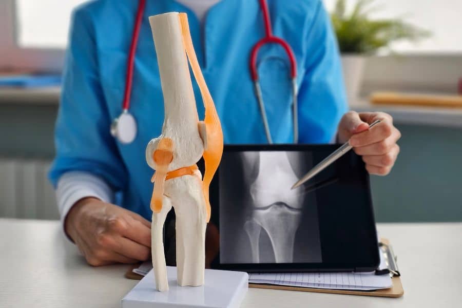 A medical professional holds a knee joint model next to an X ray displayed on a tablet. This clinical setting supports understanding of muscle and bone health issues related to low in magnesium.
