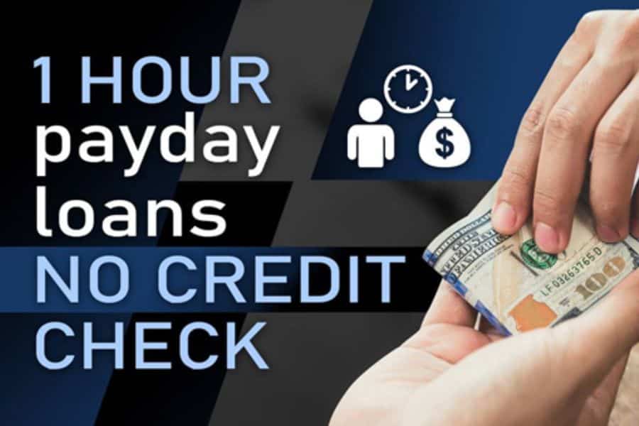 Promotional graphic showing hands passing cash with icons of a person a clock and a money bag on a dark blue background. The text says "1 HOUR payday loans" and "NO CREDIT CHECK".