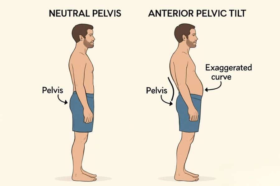 Side by side illustration compares "NEUTRAL PELVIS" and "ANTERIOR PELVIC TILT" with arrows pointing to the pelvis and the words "Exaggerated curve" beside the tilted posture. The graphic explains how pelvic position changes the curve of the lower back.