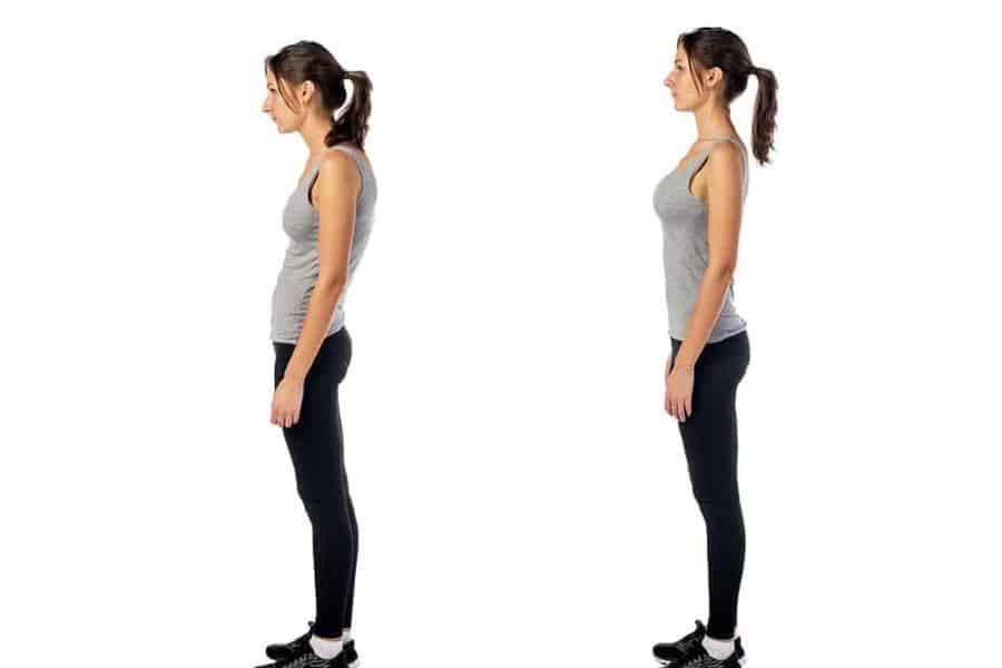 Two side profile views of the same woman show rounded shoulders and a forward head posture on the left, and a taller aligned stance on the right. The comparison clearly demonstrates before and after posture correction.