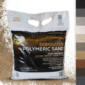 Bag of jointing material labeled "CAMEL BROWN. DOMINATOR POLYMERIC SAND FOR PAVERS. concrete wetcast stone clay. CERAMIC INFUSED POLYMERS. UNMATCHED PERFORMANCE. EASY INSTALLATION. JOINT WIDTH FROM 1.8 TO 4. SELF COMPACTING. www.BDCranicals.com
. Net Wt 10 lb 4.5 kg. Watch How To Videos Application." The package is shown beside color samples, highlighting a filler used after clearing weeds between your patio stones.