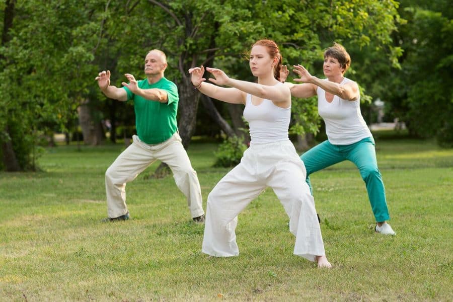 Three people practice a slow squat like pose with arms extended in a grassy park surrounded by trees. This group exercise scene fits the theme of joint strengthening exercises by showing balance control and lower body stability.