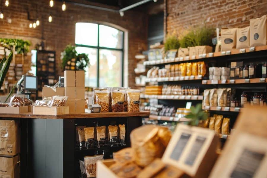 Warmly lit boutique style grocery store with shelves of packaged goods, display tables, and neatly arranged products in a cozy brick interior. This supports retailer tricks content by showing how store design and atmosphere can make products feel more appealing.