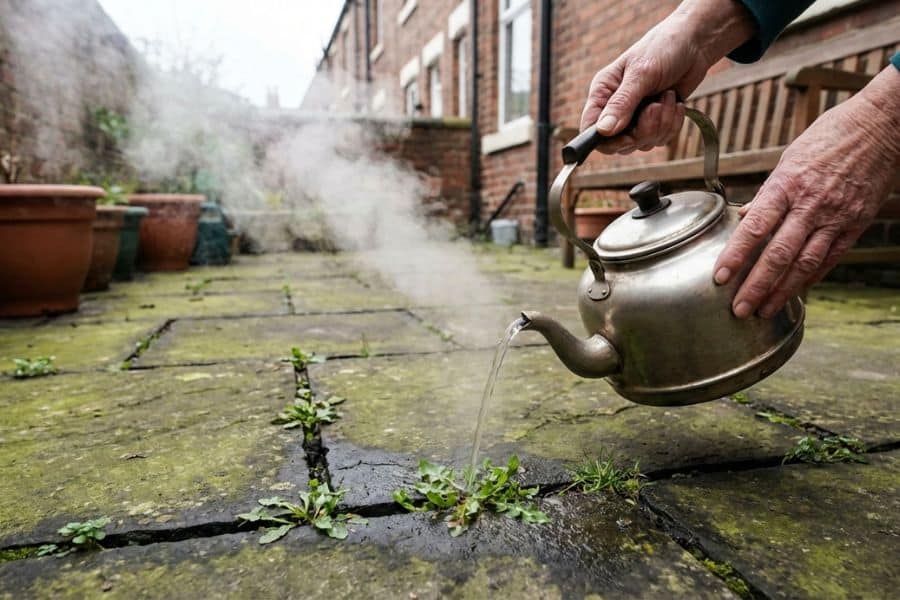 A person pours steaming hot water from a metal kettle onto weeds growing between old patio slabs. The damp mossy surface shows a natural method for killing weeds between your patio stones.