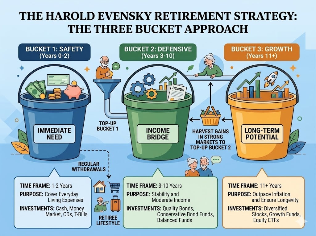 Infographic titled "THE HAROLD EVENSKY RETIREMENT STRATEGY. THE THREE BUCKET APPROACH". It shows three labeled buckets for a retirement fund strategy. "BUCKET 1: SAFETY. Years 0 to 2. IMMEDIATE NEED. TOP UP BUCKET 1. REGULAR WITHDRAWALS. TIME FRAME: 1 to 2 Years. PURPOSE: Cover Everyday Living Expenses. INVESTMENTS: Cash, Money Market, CDs, T Bills. RETIREE LIFESTYLE." "BUCKET 2: DEFENSIVE. Years 3 to 10. INCOME BRIDGE. HARVEST GAINS IN STRONG MARKETS TO TOP UP BUCKET 2. TIME FRAME: 3 to 10 Years. PURPOSE: Stability and Moderate Income. INVESTMENTS: Quality Bonds, Conservative Bond Funds, Balanced Funds." "BUCKET 3: GROWTH. Years 11 plus. LONG TERM POTENTIAL. TIME FRAME: 11 plus Years. PURPOSE: Outpace Inflation and Ensure Longevity. INVESTMENTS: Diversified Stocks, Growth Funds, Equity ETFs."