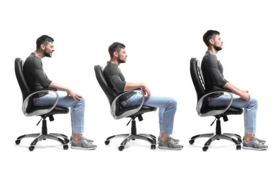 Three side views of a seated man in an office chair show a slouched posture, a partially corrected posture, and an upright posture with shoulders back. The sequence visually explains proper sitting alignment at a desk.
