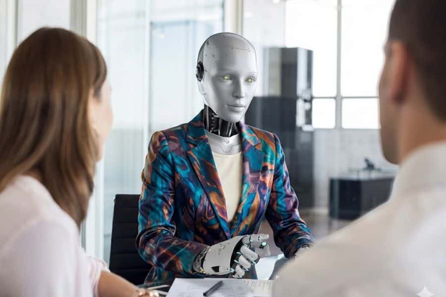 Humanoid robot in a colorful blazer sits across from two people in an office, appearing to lead a financial consultation. The scene highlights how individuals might use AI to plan your retirement through personalized, face to face advisory experiences.