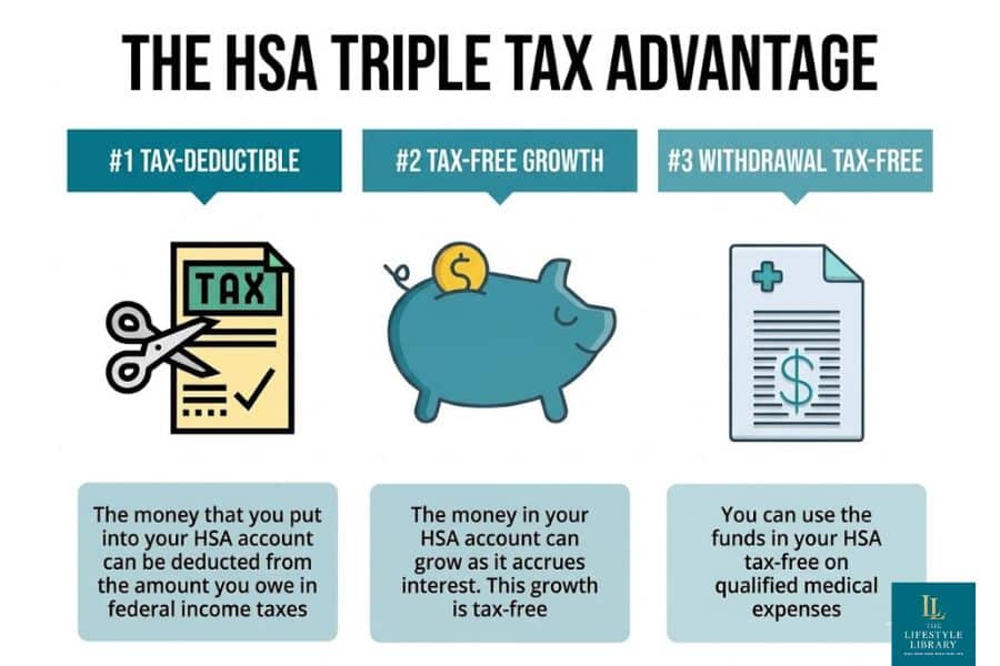 Infographic titled "THE HSA TRIPLE TAX ADVANTAGE" with sections "#1 TAX-DEDUCTIBLE" "#2 TAX-FREE GROWTH" and "#3 WITHDRAWAL TAX-FREE" explaining benefits of paying less tax through health savings accounts. Additional text reads "The money that you put into your HSA account can be deducted from the amount you owe in federal income taxes" "The money in your HSA account can grow as it accrues interest. This growth is tax-free" and "You can use the funds in your HSA tax-free on qualified medical expenses".