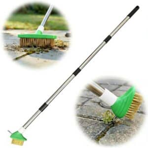 Long handled patio brush with green angled bristles is shown on a white background with two inset photos of it sweeping debris and scrubbing weeds from paving joints. This tool is meant for clearing weeds between your patio stones without kneeling.
