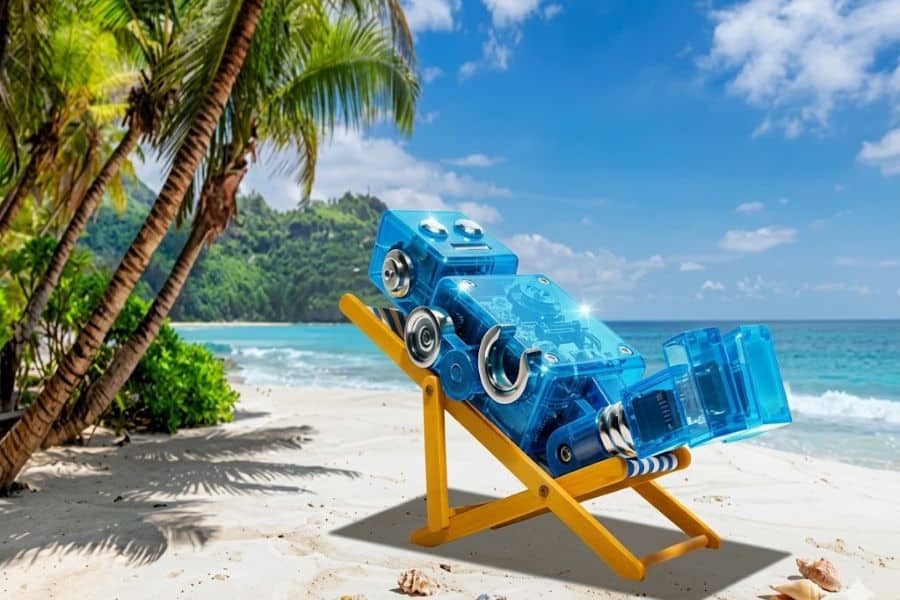 Transparent blue robotic device reclines on a beach chair under palm trees with ocean waves in the background. The relaxed setting suggests how technology can support a lifestyle where you use AI to plan your retirement while enjoying more freedom and leisure time.