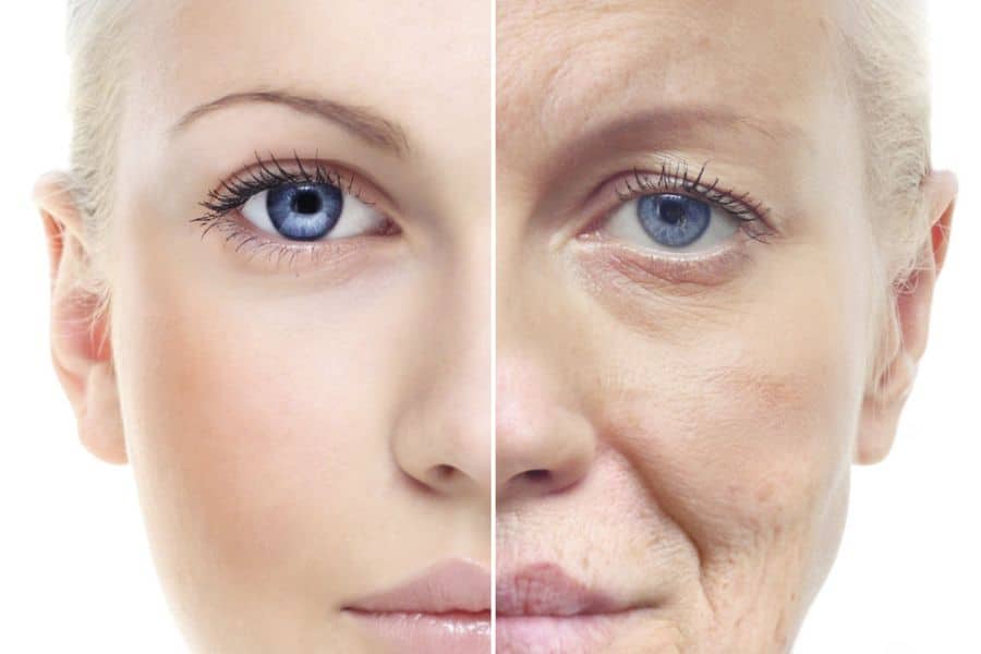 Split face comparison showing younger looking skin on one side and older skin with under eye lines and texture on the other. Visual comparison for a reverse aging skin care concept.