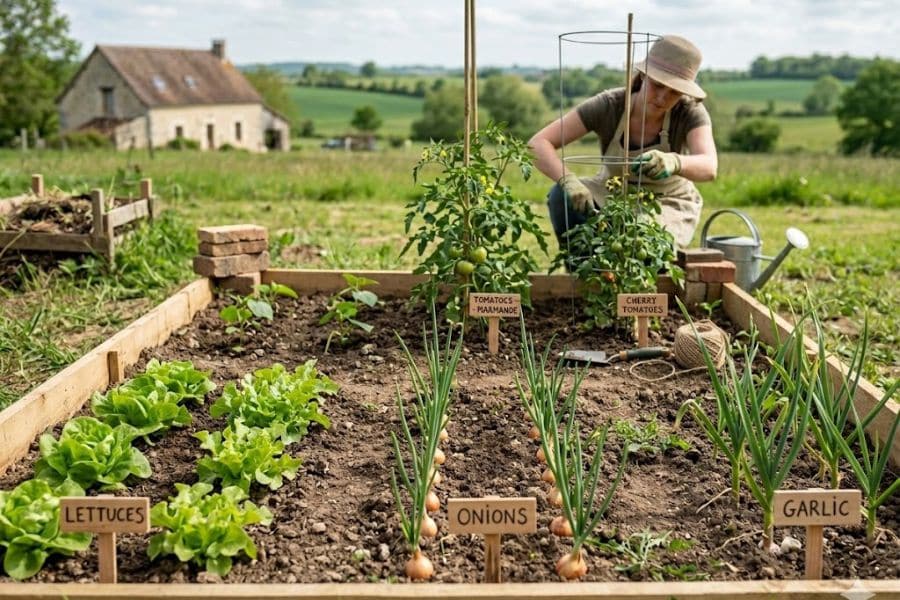 Raised backyard garden bed filled with vegetables including lettuce, onions, garlic, and tomato plants labeled with small wooden signs. A woman wearing gardening gloves kneels beside the vegetable garden while tending the tomato plants in a rural countryside setting.