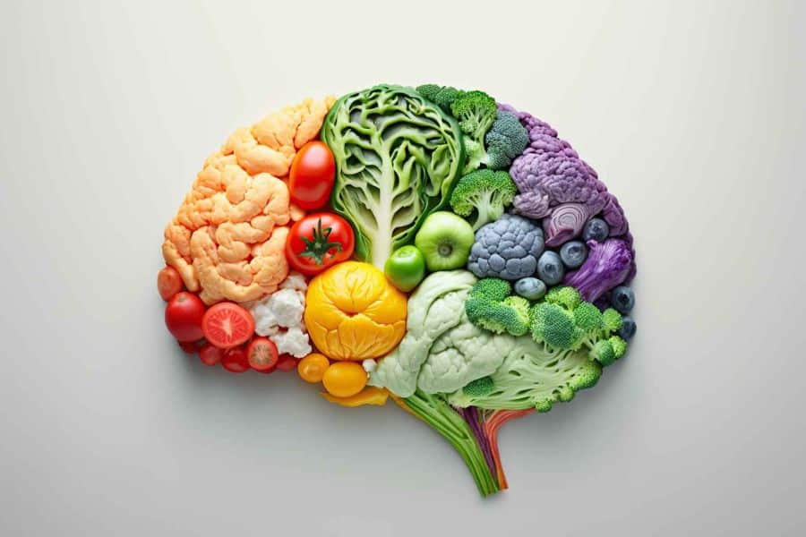 A brain shape made from colorful fruits and vegetables including broccoli. cauliflower. tomatoes. blueberries. apples. and greens to suggest a connection between nutrition and memory.