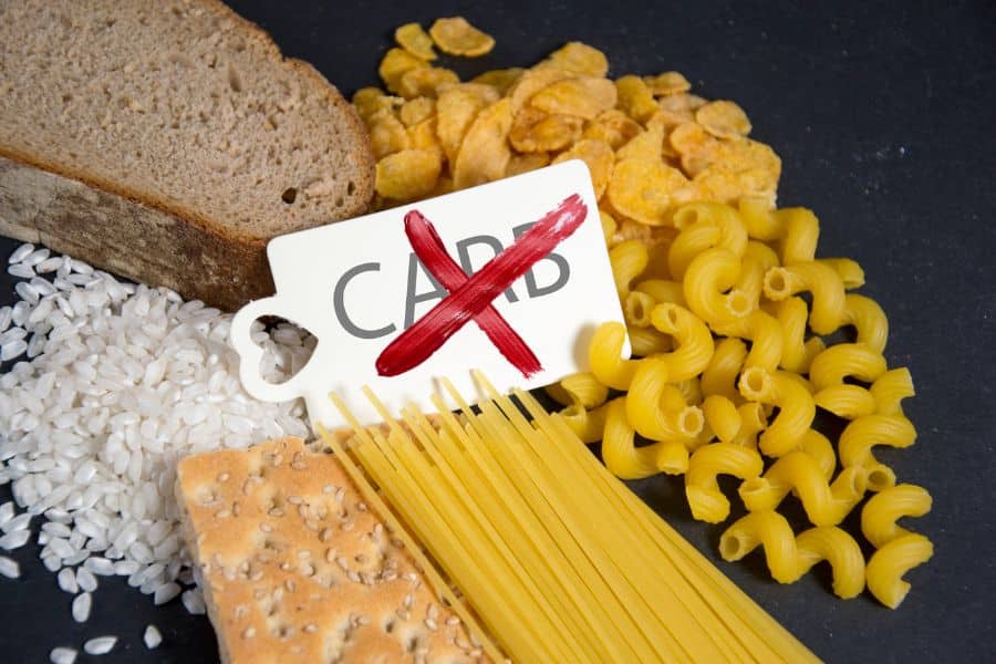 Bread, rice, crackers, pasta, and macaroni surrounding a sign labeled “CARBS” marked with a red X. The image relates to healthy habits by illustrating reduced carbohydrate food choices and mindful eating strategies.