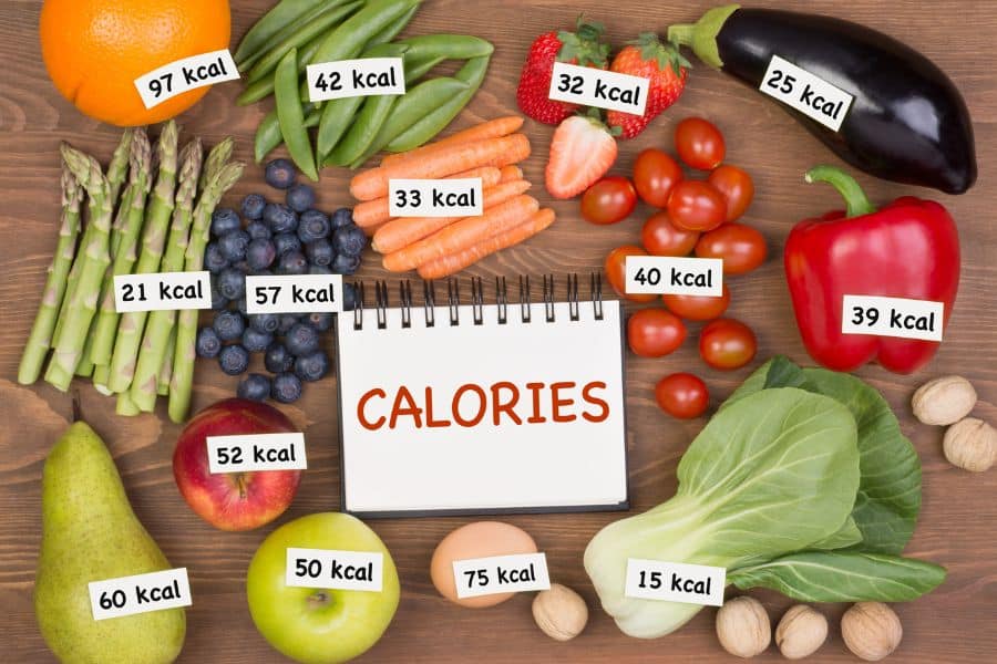 Assortment of fruits, vegetables, nuts, and eggs arranged around a notebook labeled “CALORIES” with calorie counts displayed on each food item including “97 kcal,” “42 kcal,” “32 kcal,” and “15 kcal.” The infographic supports healthy habits by showing calorie awareness and nutritious food choices.