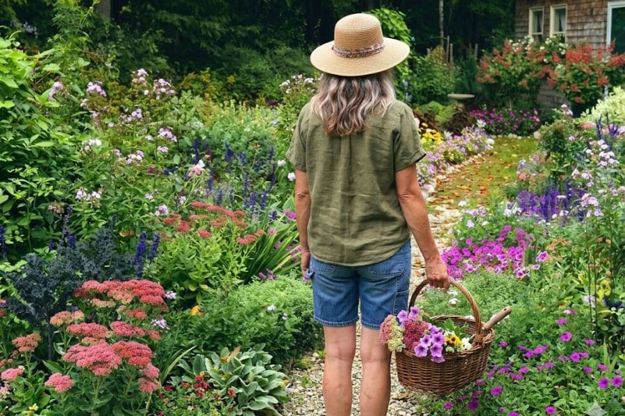 Woman wearing a straw hat walks through a lush cottage garden filled with colorful flowers and winding gravel paths while carrying a basket of freshly picked blooms. The layered planting style and mix of textures create a classic cottage garden atmosphere.