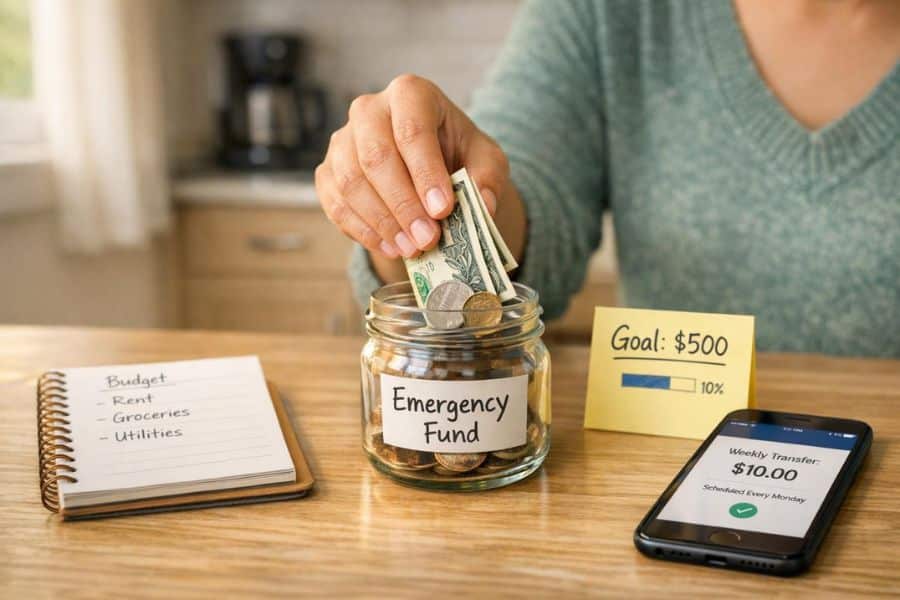 Person placing cash into a glass jar labeled “Emergency Fund” beside a notebook budget list, a phone displaying “Weekly Transfer: $10.00,” and a sticky note reading “Goal: $500” with a progress bar at 10 percent. The organized setup demonstrates practical budgeting and saving strategies for building an emergency fund.