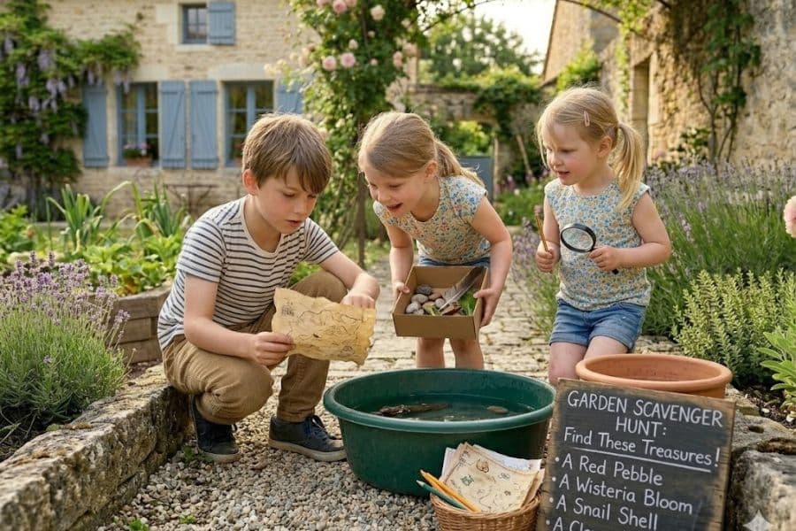 Three children explore a cottage garden with a map. a magnifying glass. and a box of found treasures. The chalkboard reads "Garden Scavenger Hunt. Find These Treasures. A Red Pebble. A Wisteria Bloom. A Snail Shell" and shows this as one of several hands on garden activities for kids.