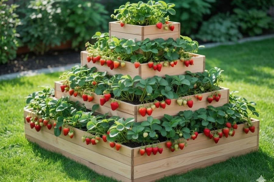 Strawberry plants grow in a tiered wooden pyramid planter on a sunny lawn.